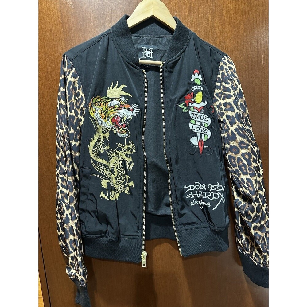 NWT Ed Hardy Y2K Bomber Jacket Tiger Dagger Souvenir Leopard Sleeves Size S New - Picture 10 of 16